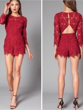 Lovers and friends Red Lace Long-Sleeve Romper with Open Back.